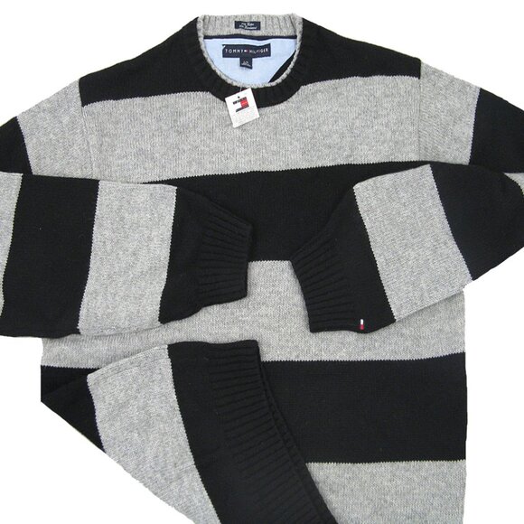 NEW Tommy Hilfiger Lambswool Sweater!  Black & Gray Stripe  Tommy Flag  Heavier - Picture 1 of 1
